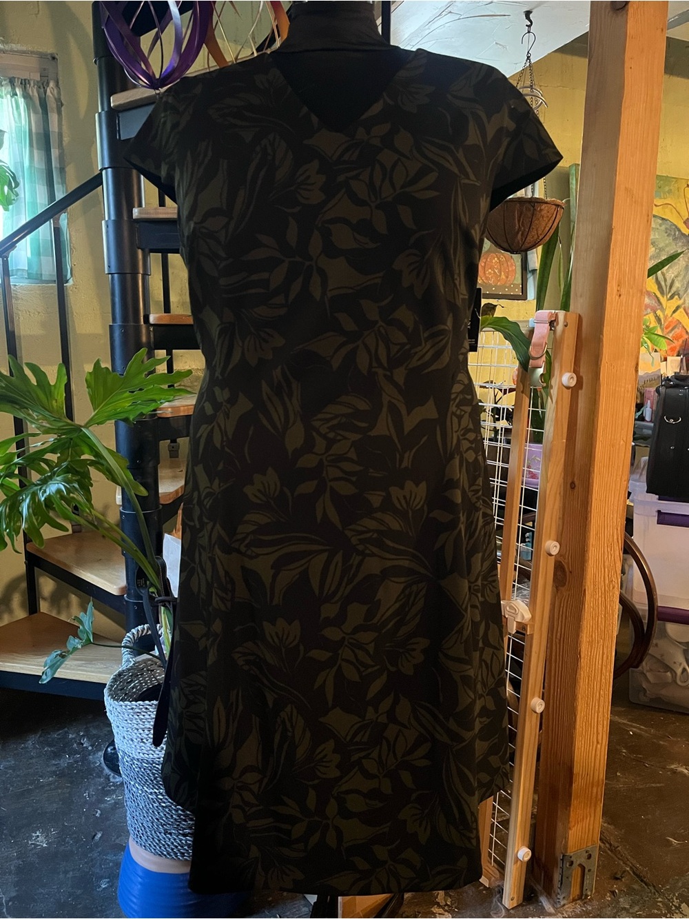 Alfani Black Dress with Dark Olive Floral Print